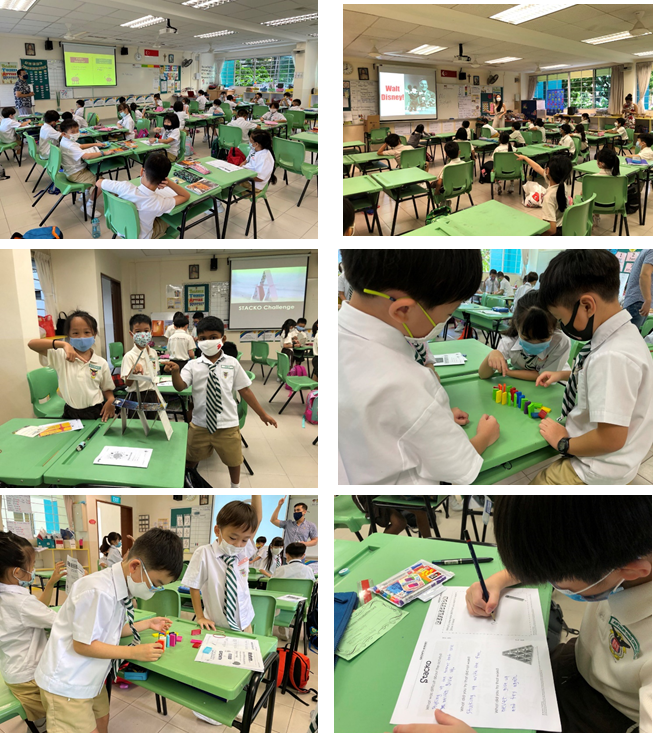 Six photos of masked students in uniform doing classroom activities with colorful blocks and worksheets at green desks.